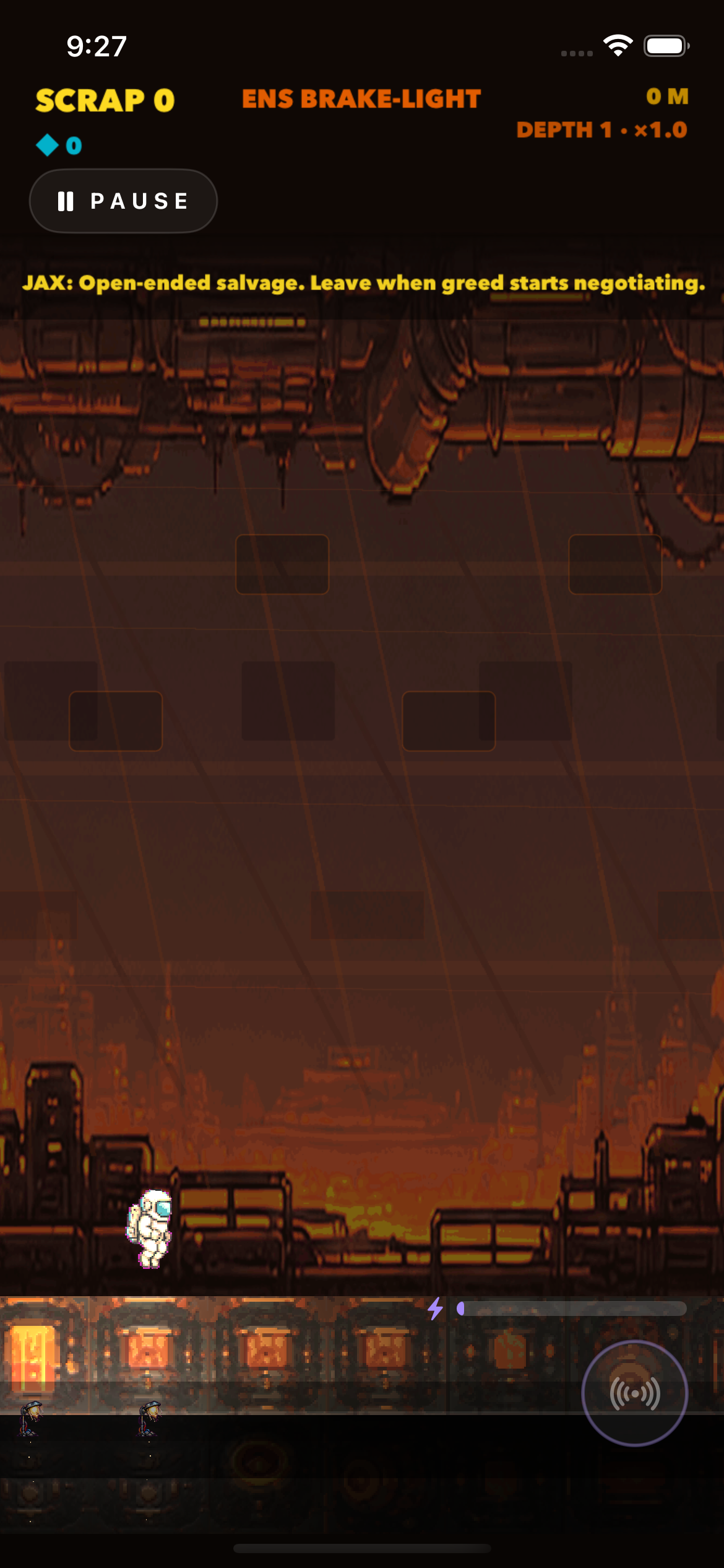 Reactor biome gameplay with the salvage pilot near the lower platform
