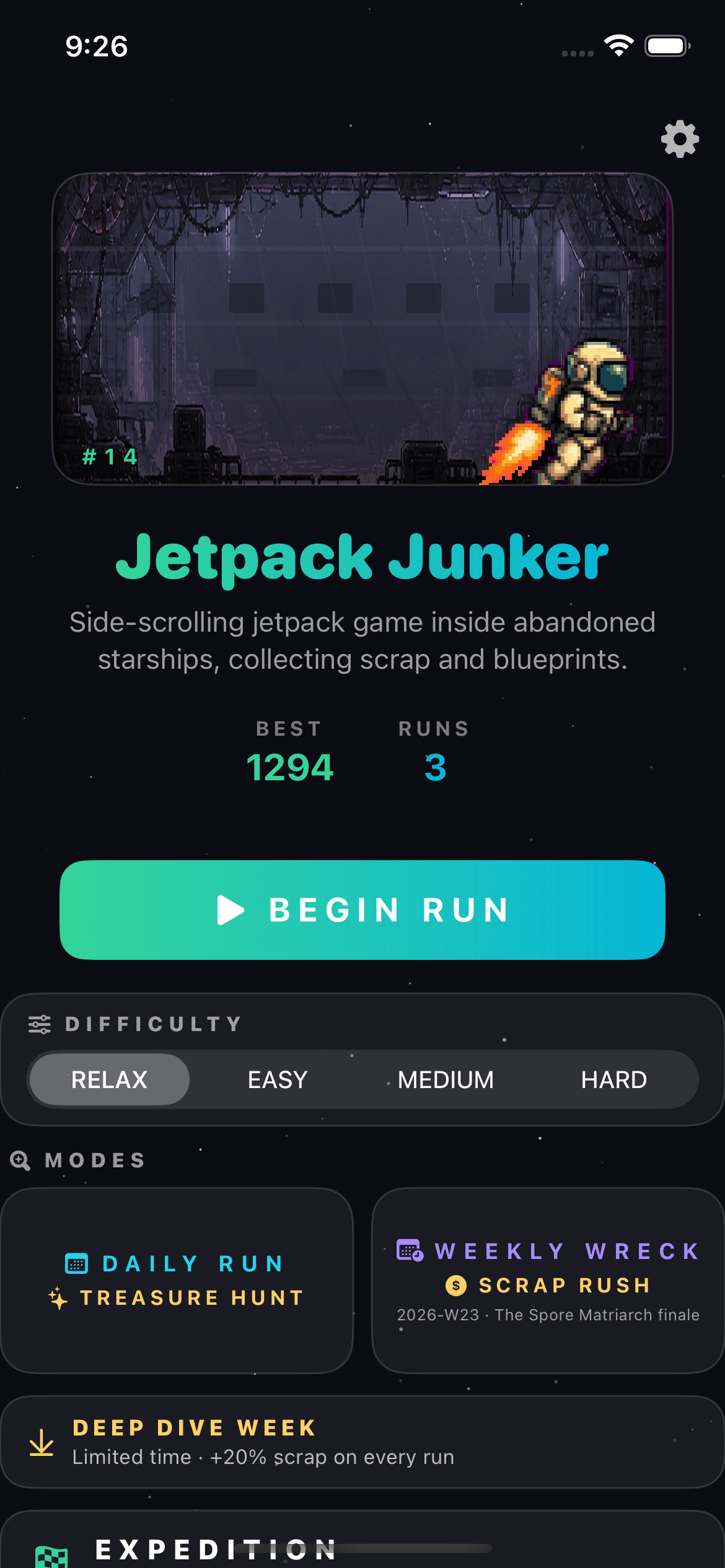 Jetpack Junker launch menu with difficulty and mode choices