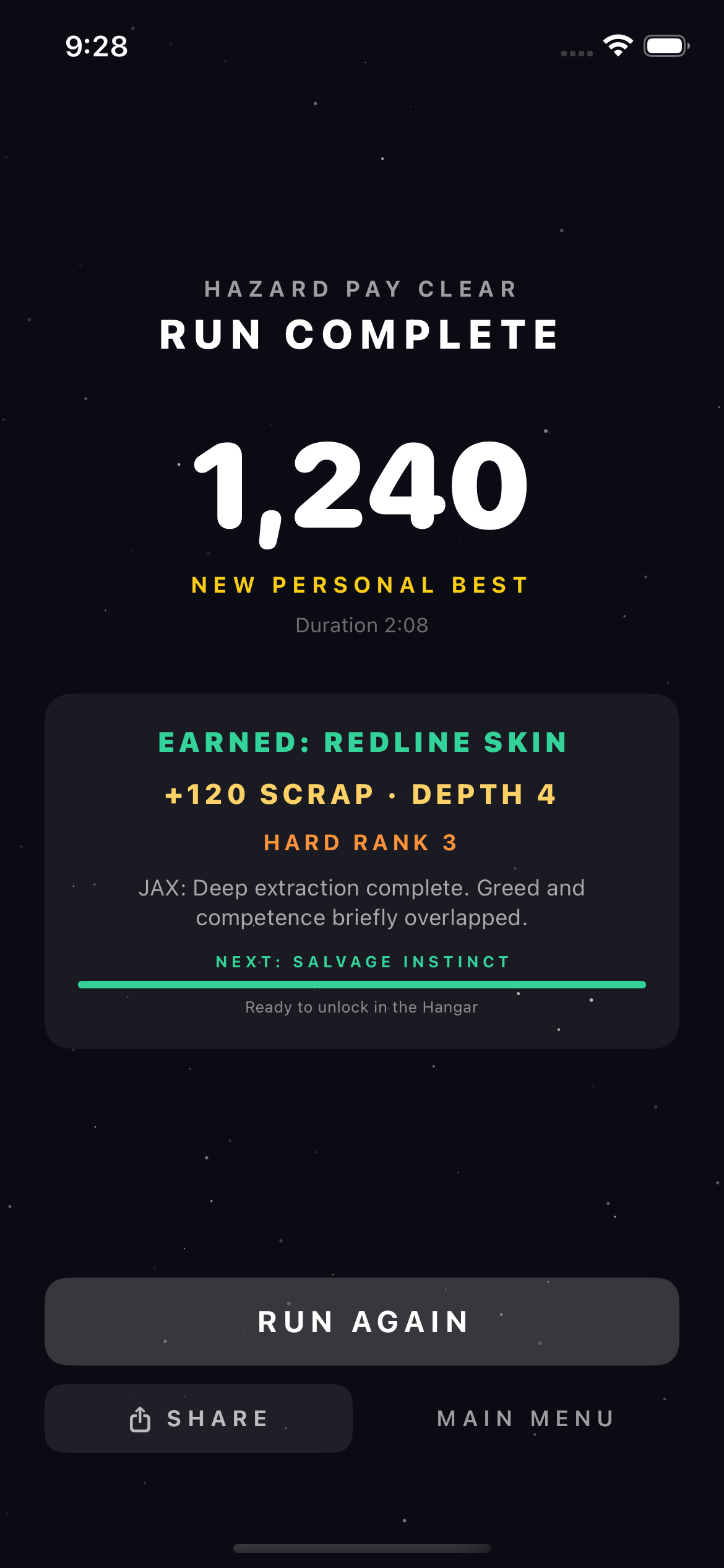 Run complete results screen with recovered scrap and a new personal best