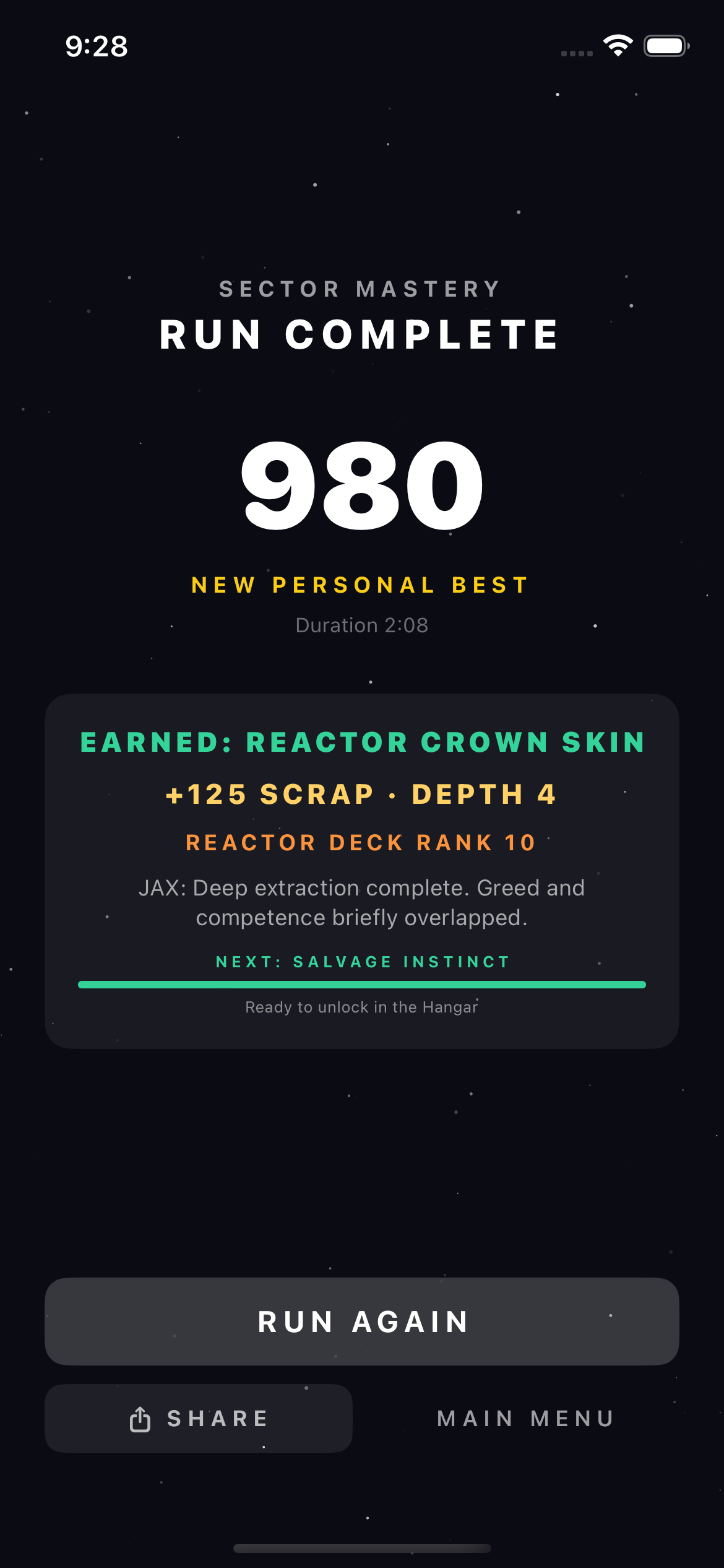 Sector mastery run complete results screen